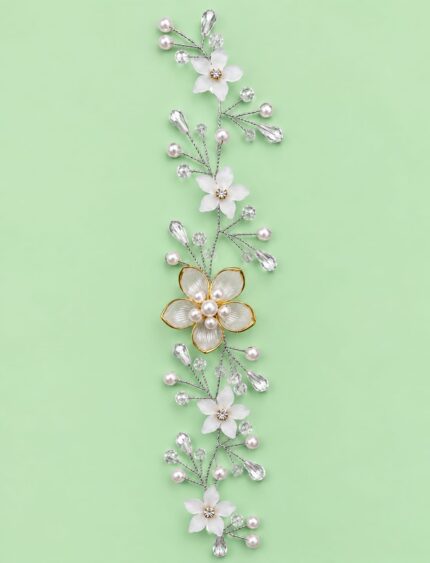 4 Flower Crystal & Pearl Bridal Hair Vine